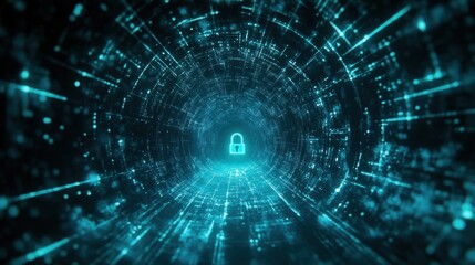 Obraz premium Abstract digital tunnel with glowing padlock symbol representing cybersecurity and data protection.