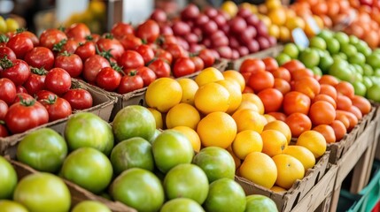 Vibrant fruit market display with colorful produce urban setting food photography