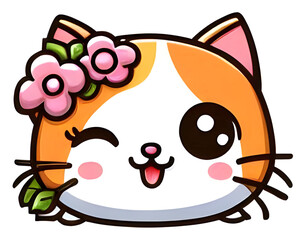 Adorable kawaii cat wearing flowers winking tongue out