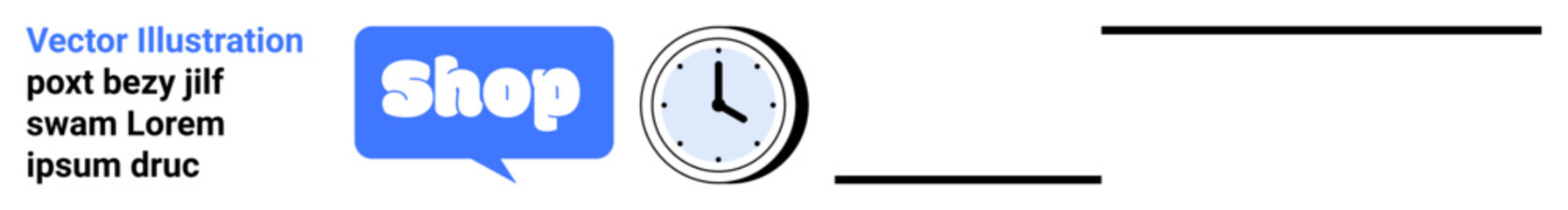 Blue speech bubble with Shop text, clock icon, and placeholder text on the left. Ideal for retail, e-commerce, business, time management, marketing. Banner for landing page
