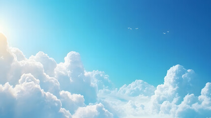 Beautiful blue sky background with sparse white clouds. Panorama. Copy space, blue sky with clouds