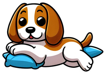 Cute beagle puppy dog resting lying down hugging pillow
