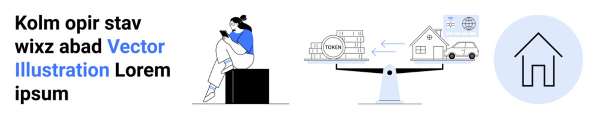 Person using mobile device, digital logistics with packages and delivery truck, real estate weighing, and simple home icon. Ideal for technology, communication, logistics, real estate, e-commerce