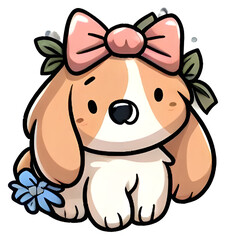 Fototapeta premium Cute cartoon puppy wearing a pink bow and a blue flower
