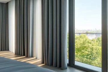 Bright and airy modern bedroom with large windows offering a view of greenery