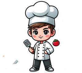 Young chef holding spatula and standing next to strawberry