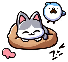 Cute grey and white cat relaxing in a soft bed