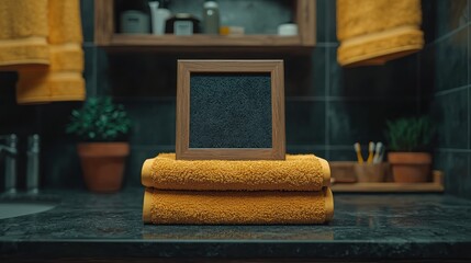 Blank frame on towels in bathroom with toiletries in background.