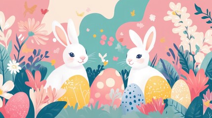 Obraz premium Vibrant Easter Bunnies with Pastel Eggs and Flowers