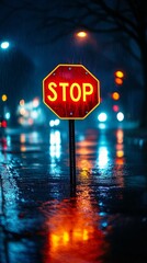 Reflective Stop Sign Illuminated at Night with Rainy Street Lights in Background