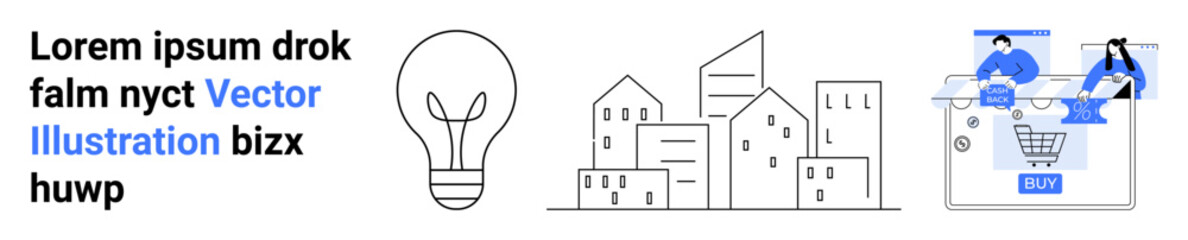 Light bulb, cityscape line buildings, and two figures shopping online with a shopping cart icon. Text in varying colors. Ideal for innovation, urban planning, digital commerce, teamwork