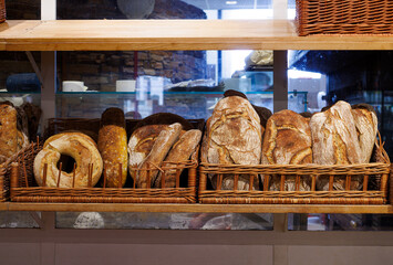 Breads on racks in bakery