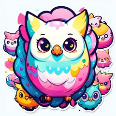 Fototapeta premium Colorful cartoon illustration of a cute owl surrounded by smaller owls with vibrant hues and playful expressions.