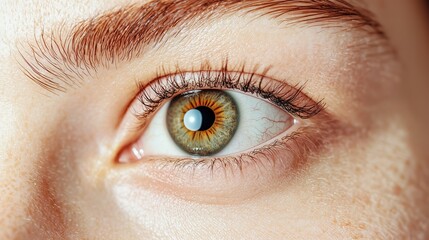 Fototapeta premium Close-up of a hazel eye of a young Caucasian woman, showcasing the intricate details of the iris, eyelashes, and surrounding skin.