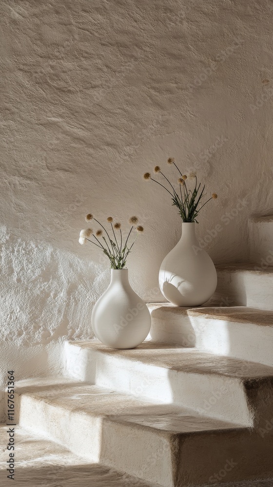 Wall mural Elegant vases with dried flowers placed on wooden staircase in sunlit interior