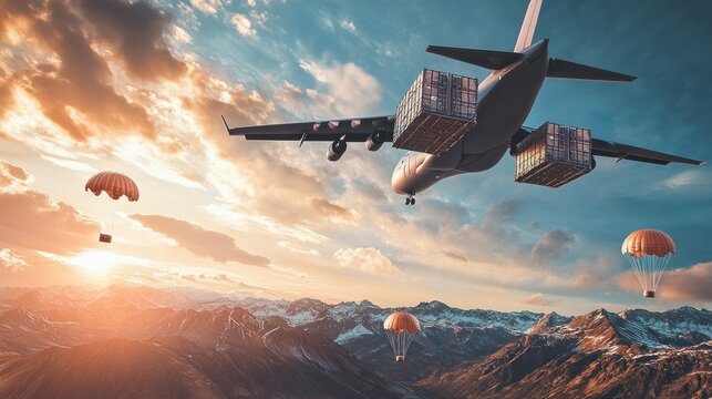 Cargo plane airdrops packages via parachute over snowy mountains at sunset.