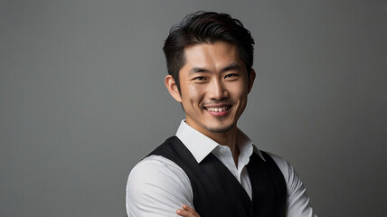 potrait a asian korean malaysian indonesian thailand Professional bussiness man TV news anchor presenter smiling elegant attire wearing formal suits a white background