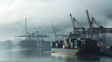 Fototapeta premium Cargo ship at foggy port with cranes.