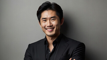 potrait a asian korean malaysian indonesian thailand Professional bussiness man TV news anchor presenter smiling elegant attire wearing black formal suits a white background