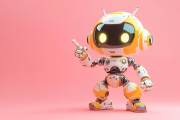 Cute robot character with bright lights and expressive features pointing in a playful manner against a pink background