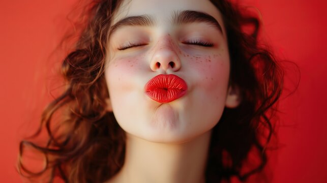 Young Caucasian woman with red hair and freckles puckers her bright red lips against a vibrant red background.