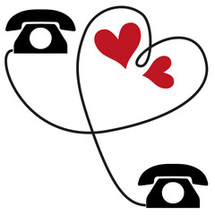 Continuous line drawing. Telephone relationships. Two phone handsets are connected to heart. Black isolated on white background. Hand drawn vector