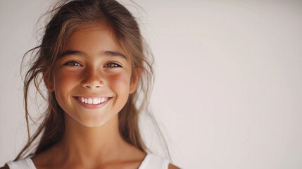 stock photo features smiling beautiful girl in white studio background,