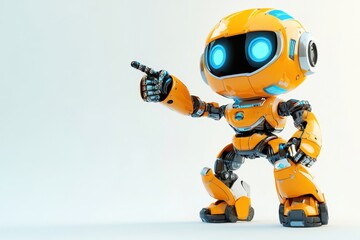 Robot with bright blue eyes engaging in a playful pose against a clean backdrop