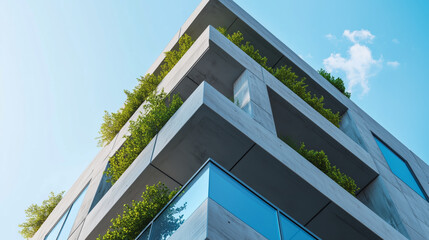 Modern sustainable building with greenery and blue sky
