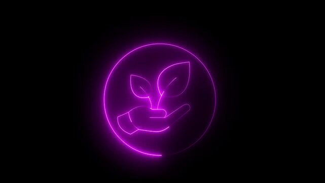 Glowing neon line of sprout icon inside moving circle. Sustainable business concept animation.