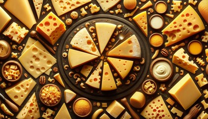 Top view of a variety of cheeses arranged on a dark surface