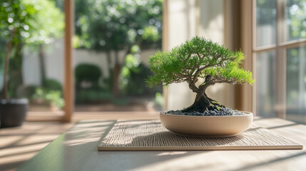 Bonsai tree in serene minimalist interior with natural light
