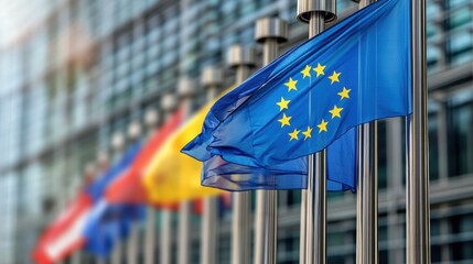European union flags flying in brussels political event urban environment daylight