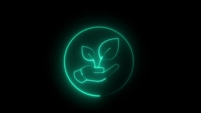Glowing neon line of sprout icon inside moving circle. Sustainable business concept animation.