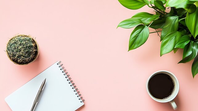 Pink background with plants notepad pen and coffee - Powered by Adobe