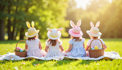 Children enjoying Easter picnic with bonnets on grassy hill, celebration