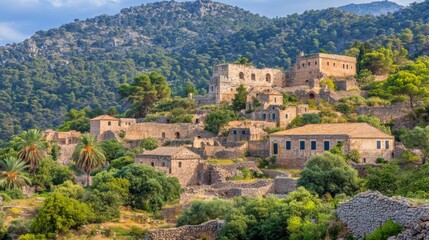Fototapeta premium Ancient Fortress Amidst Scenic Hills and Forests