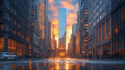 Obraz premium City street at sunrise with wet road reflecting skyscrapers.