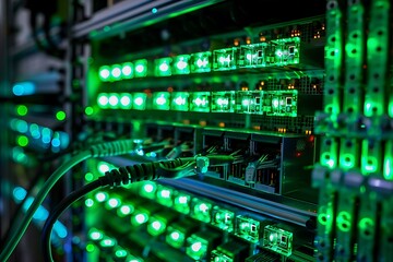 Fiber optic cables connected to an optic ports in data center