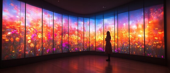 Woman silhouetted against vibrant digital floral display.