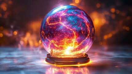 Glowing crystal ball with vibrant energy inside on dark background.