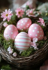 Colorful pink decorated eggs placed in a natural basket with flowers and greenery