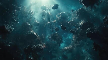 Fototapeta premium Dark teal space, asteroid field, cosmic dust, glowing light.