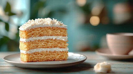 Coconut cake slice on plate, blurred cafe background.