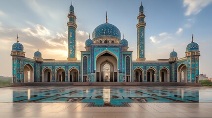 Majestic blue mosque at sunrise, reflecting in a tranquil pool.
