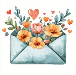 Colorful envelope bursting with flowers and hearts for spring celebrations