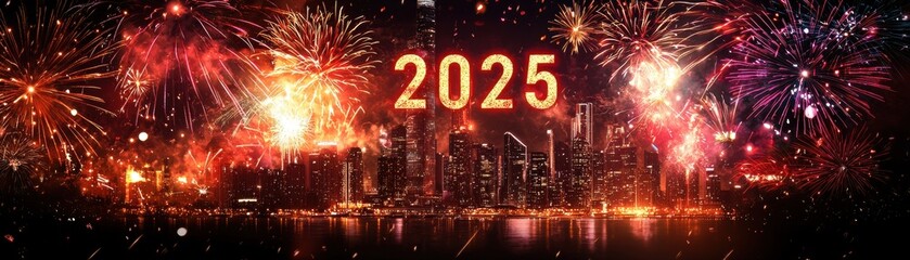 Fiery Red Skyline Silhouetted Against City with Bold 2025 New Year Celebration and Explosive Fireworks Display