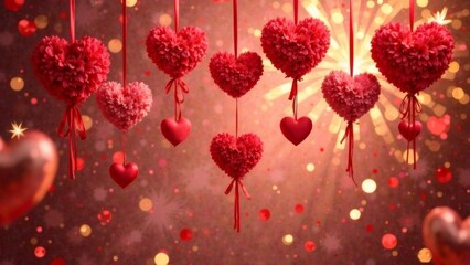 Valentine's day festive background with A bunch of red hearts hanging from the ceiling. The hearts are all different sizes and are tied together with ribbons. Scene is one of love and affection