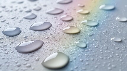 Close-up of water droplets on a surface with a rainbow background.