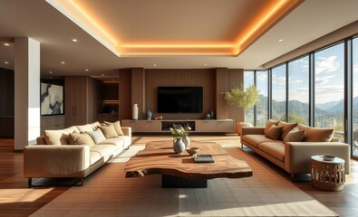 Fototapeta premium Japandi interior home design of modern living room with beige sofa and live edge coffee table with large window Japandi interior design interior design japandi style modern